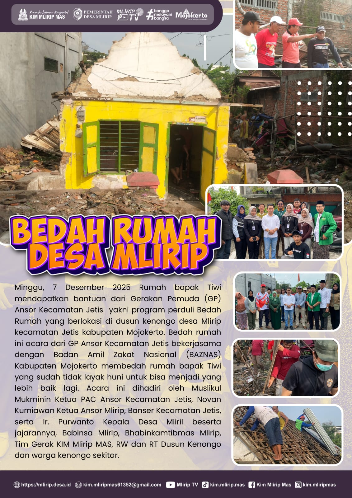 Bedah Rumah Oleh GP Anshor Kolaborasi Dengan Baznas di Dusun Kenongo, Desa Mlirip