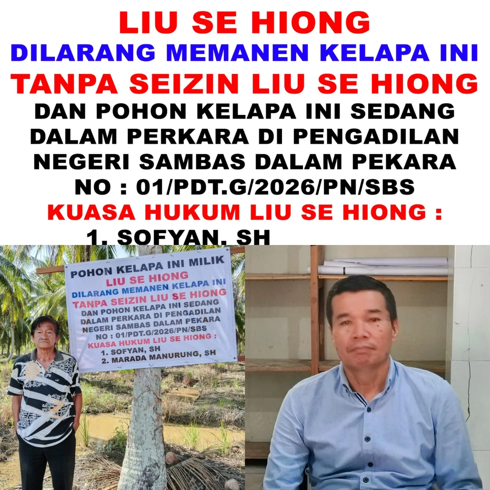 Kuasa Hukum Liu Se Hiong Ingatkan Tergugat Tak Panen Kelapa