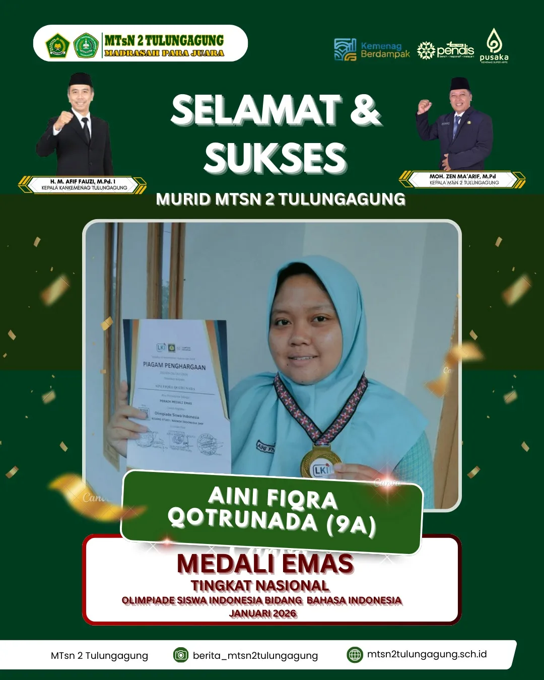 Siswa MTsN 2 Tulungagung Raih Medali Emas Olimpiade Bahasa Indonesia Nasional, Buktikan Kualitas Literasi Madrasah