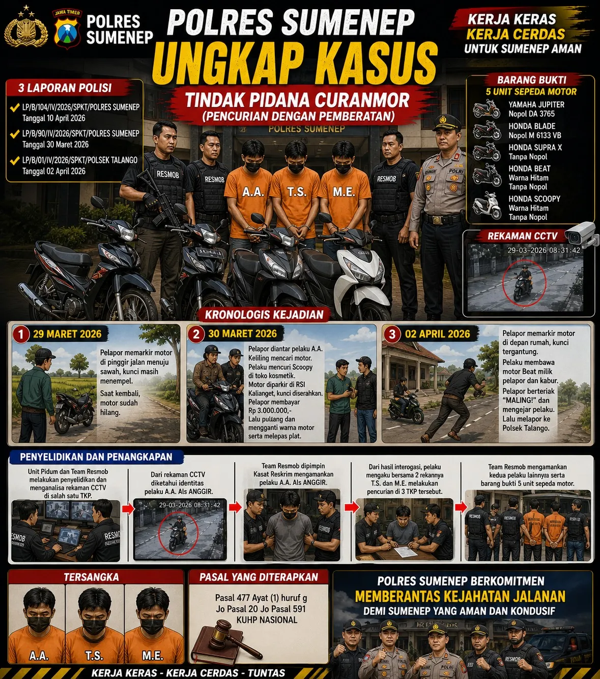 Kasus Curanmor di Tiga TKP, Tiga Pelaku di Amankan Polres Sumenep.