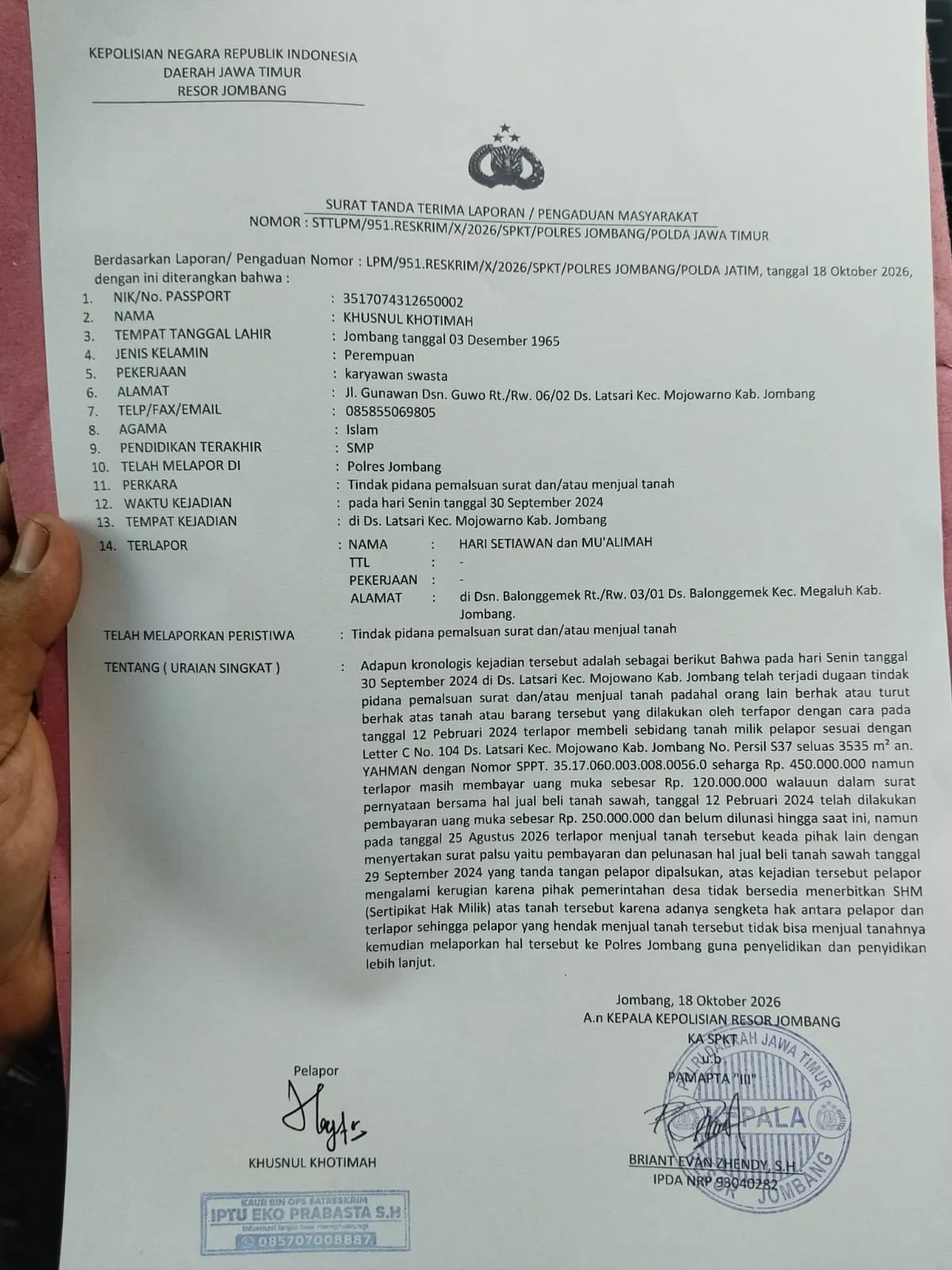 Warga Latsari Mojowarno Lapor Polres Jombang, Dua Orang Dituding Jual Tanah dan Palsukan Tanda Tangan